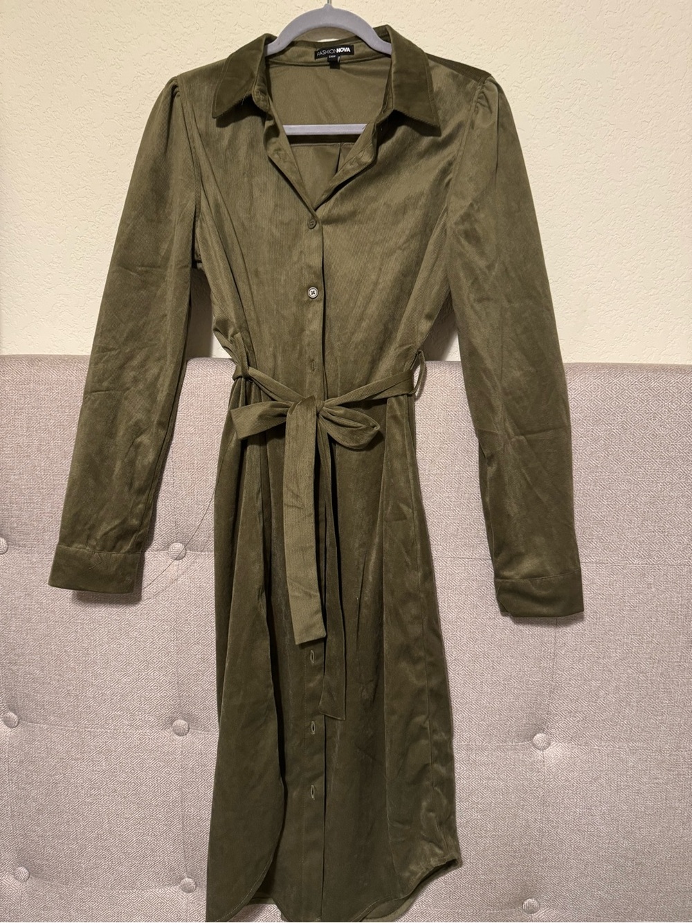 Zara Olive Green Long Trench Shirt Dress with Tie Waist